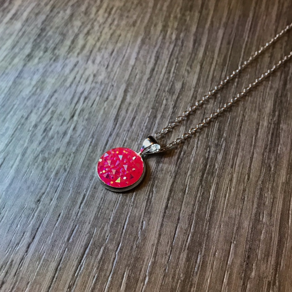 Hot Pink Iridescent Prism w/Silver Necklace